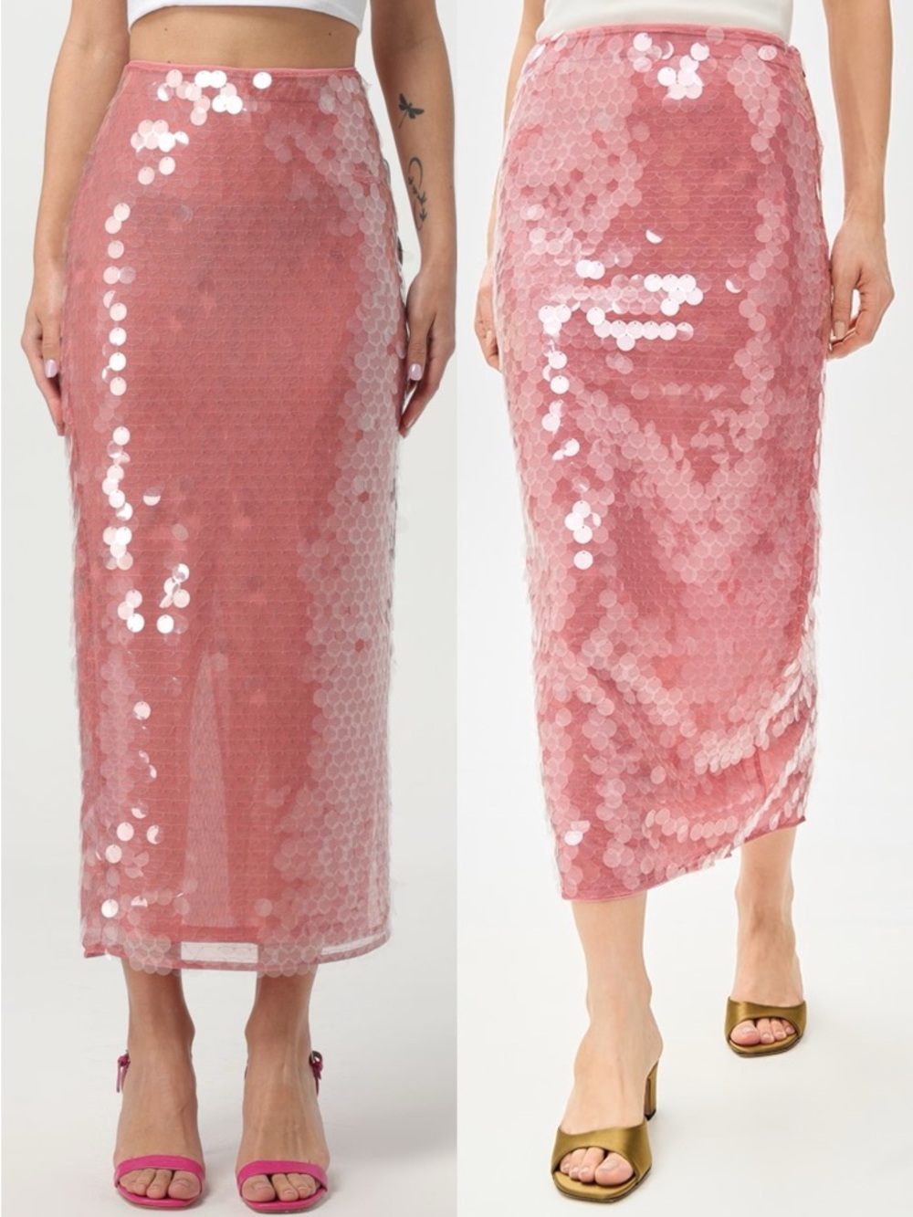 STAUD Casey Sequined Mesh Midi Skirt – Pink Blush
